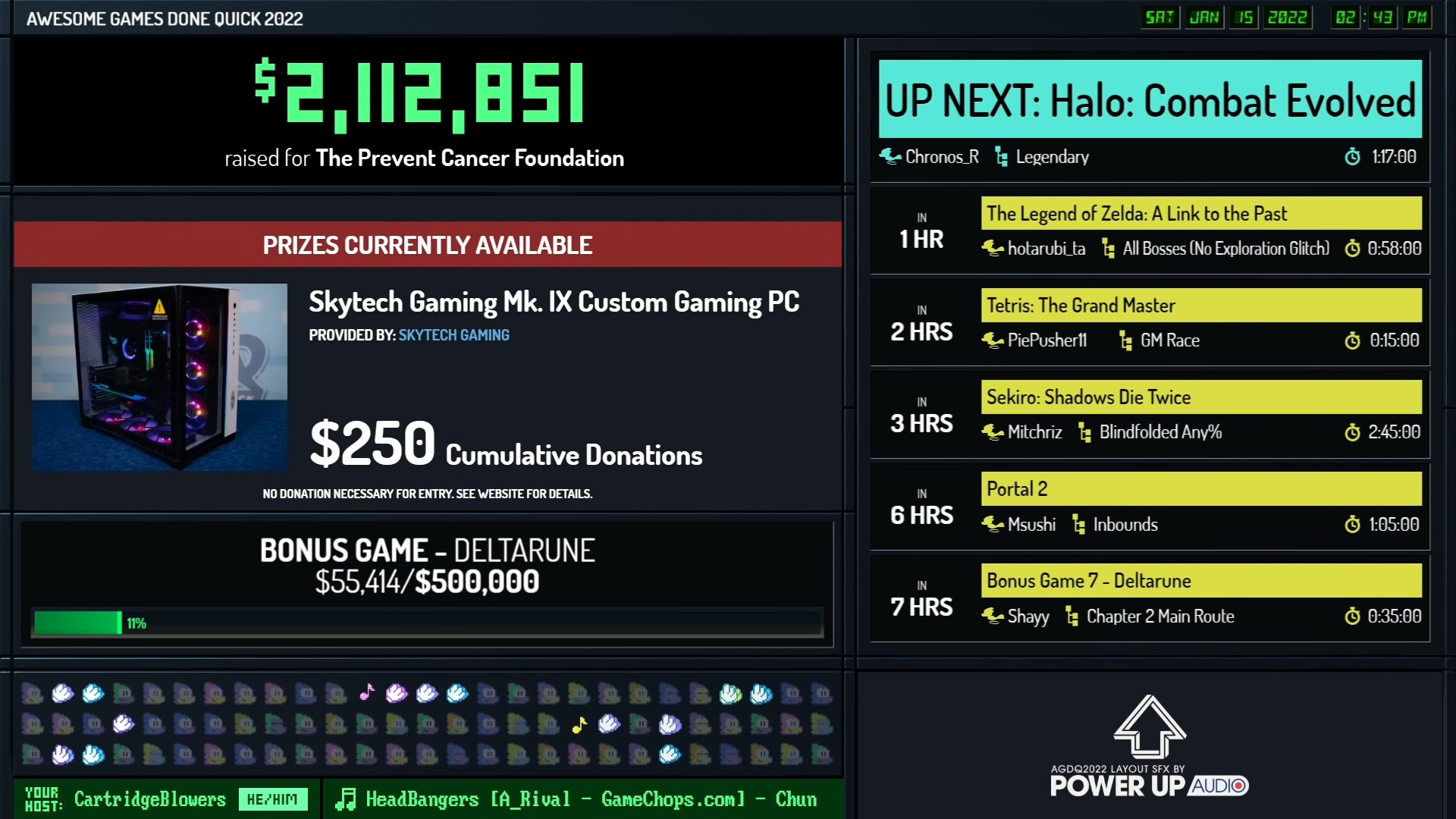 Screenshot of a GDQ broadcast showing the break screen, displaying the currently raised total for charity, prizes available, upcoming incentives, and a schedule of upcoming speedruns.