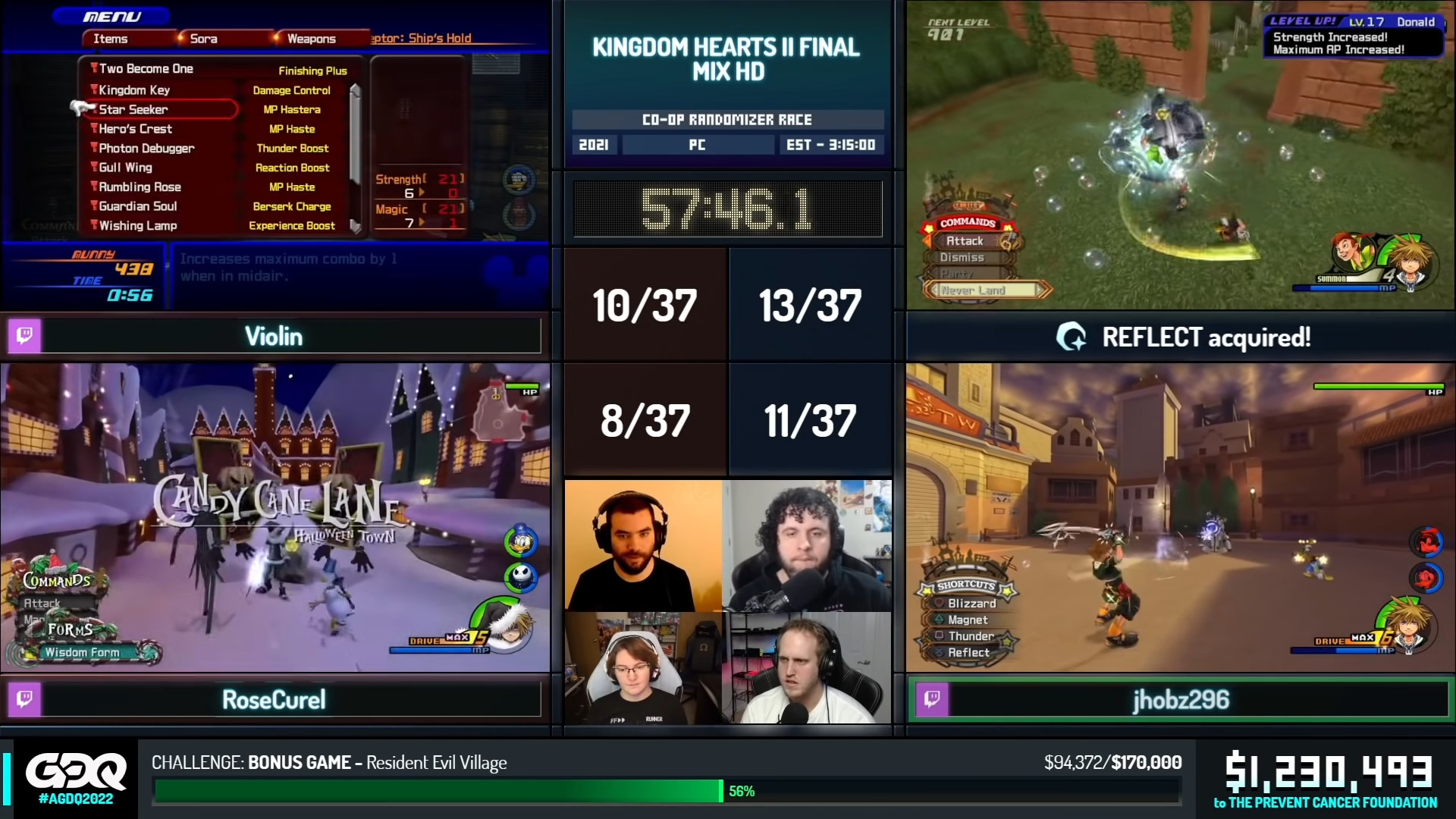 Screenshot of a GDQ broadcast showing 4 game feeds being played by 4 speedrunners, with colors coordinating teams, additional panels for item counts, other game specific information.